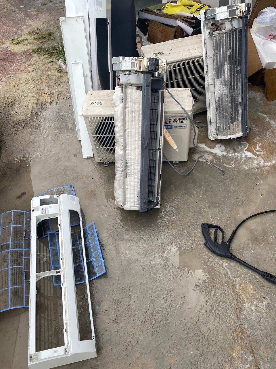 Split aircond dismantled and opened for chemical wash in Permas Jaya, Johor Bahru