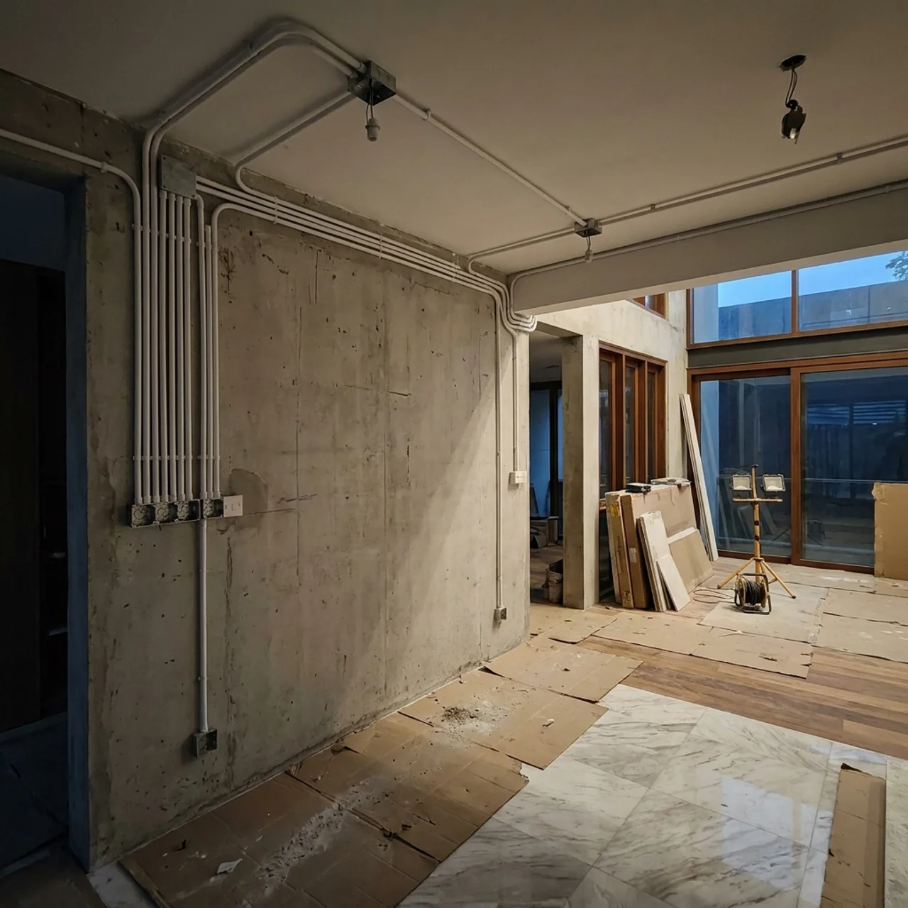 Electrical conduit piping run cleanly before wall closure, RumahPro Malaysia